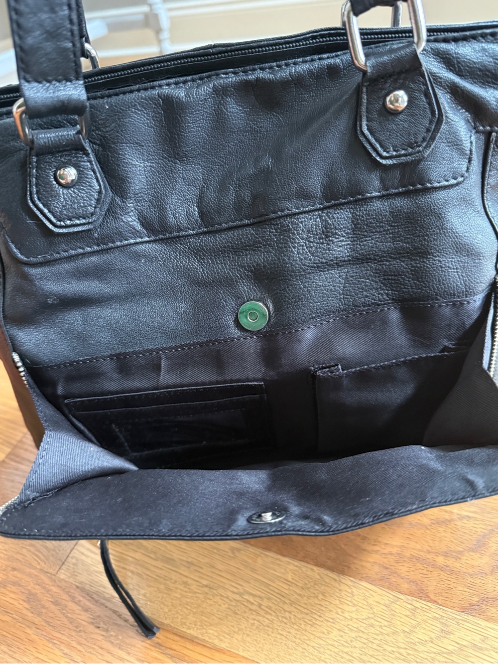 Everyday Black Leather Tote with Front Zip Pocket - Picture 2 of 5